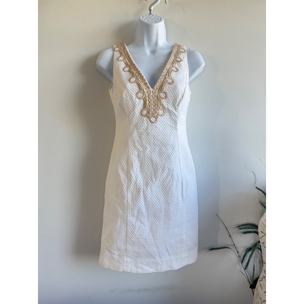 Lilly Pulitzer White Seersucker Gold Soutache V-Neck Shift Dress Size 00